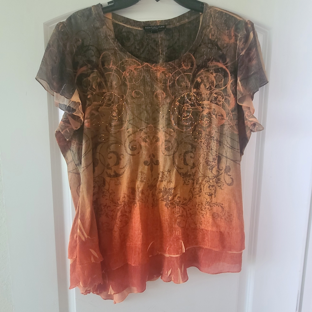 Signature Studio Ombre Ruffle Sleeve Blouse in Brown and Orange